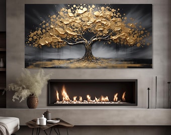 Gold Leaves Tree Painting Canvas Print, Gold Tree Blossom Poster, Gold in Interior, Gold Luxury Bedroom Decor, Golden Canvas Wall Art