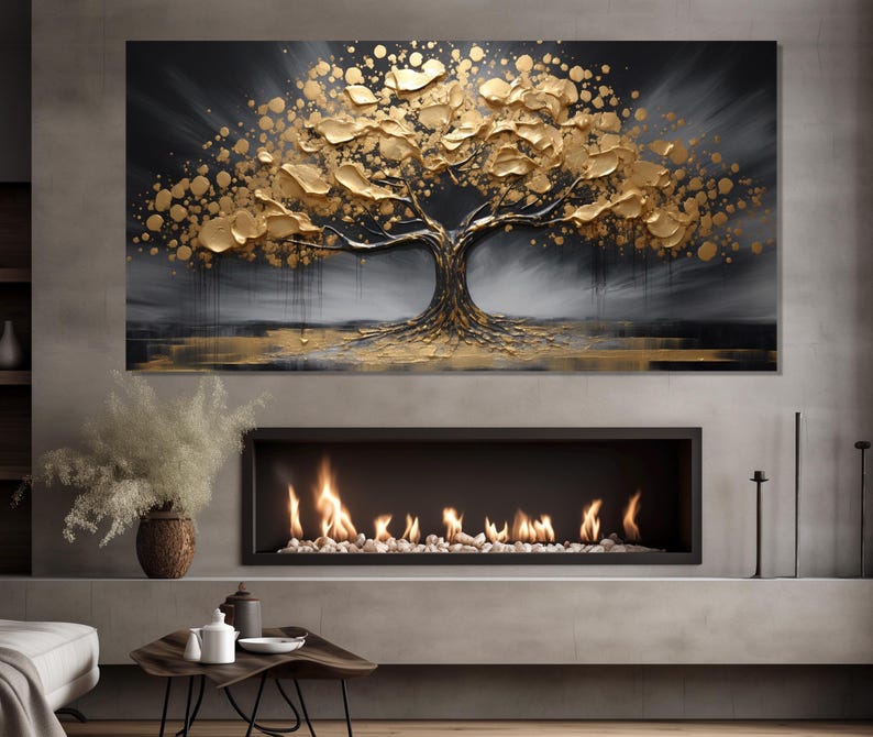 Gold Leaves Tree Painting Canvas Print, Gold Tree Blossom Poster, Gold ...