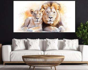 Lion and Lioness Neutral Colors Painting Printed on Canvas, Soft Tones Romantic Bedroom Wall Decor, Lions Couple Canvas Print, Romantic Art