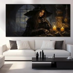 Witch and Candle Painting Printed on Canvas, Victorian Witch Poster, Halloween Canvas Art, Dark Academia Print, Gothic Wall Decor