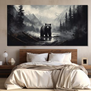 Grizzly Bear in Mysty Forest Painting Printed on Canvas, Grizzly Bear Canvas Print, Living Room Wall Decor, Bedroom Wall Art, Grizzly Poster