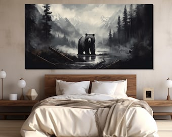 Urso pardo na floresta misteriosa, pintura impressa em tela, impressão em tela de urso pardo, decoração de parede de sala de estar, arte de parede de quarto, pôster de urso pardo