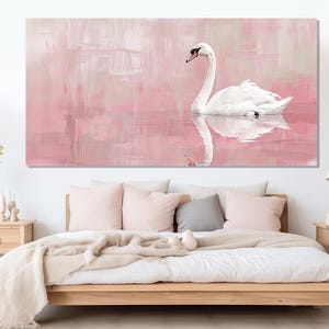 Minimalist Swan Abstract Painting Printed on Canvas, Lonely Swan Canvas Print, Neutral Pink  Canvas, Romantic Wall Art, White Swan Poster