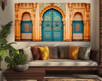 May include: A turquoise blue door with intricate floral designs is framed by a yellow archway. The door is set against a backdrop of a yellow building with ornate details.