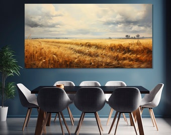 Wheat Field Painting Printed on Canvas, Farmhouse Wall Art, Wheat Field Canvas Print, Rustic Wall Decor, Nature Canvas Art