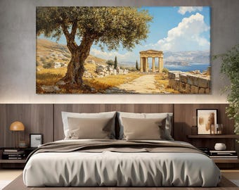 Olive Tree in Greece Painting Printed on Canvas, Greek Hills Canvas Print, Ancient Greece Wall Art, Olive Tree Poster