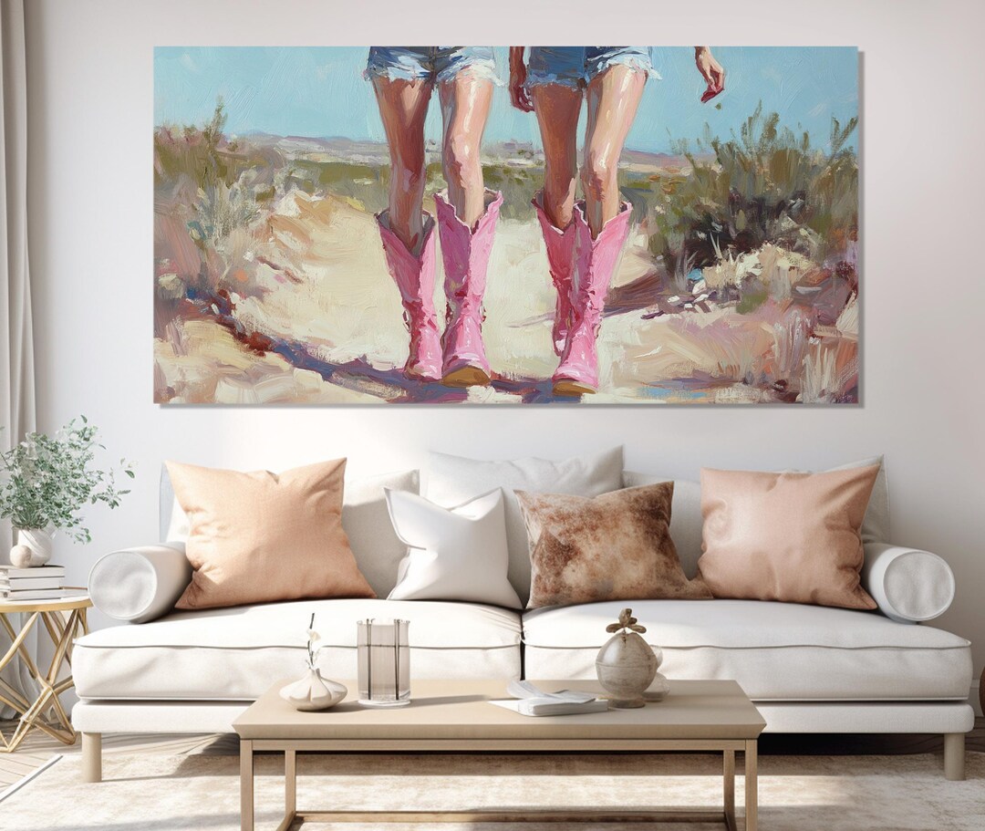Women in Pink Cowboy Boots Painting Printed on Canvas Print, Wild West ...