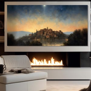 Sternenhimmel über Vintage Italienisches Dorf Abstrakte Malerei Gedruckt auf Leinwand, Antike Italienische Landschaft Leinwand Druck, Retro Italien Kunst