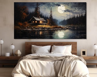 Cabane sereine au clair de lune peinture imprimée sur toile, cabine de lac sous affiche de ciel étoilé, peinture pleine lune au-dessus d'un lac de forêt, toile pittoresque de lune