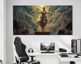 Op de afbeelding: Een grote canvas print met Vrouwe Justitia, geblinddoekt, met een weegschaal en een zwaard, tegen een dramatische lucht met wolken en zwevende boeken. Het kunstwerk wordt weergegeven boven een modern bureau met een computer en een gamestoel.
