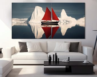 Segelbåt med röda segel framför isberg Canvastavla, Segelfartygsmålning, Abstrakt nautisk canvastavla, Segelväggkonst