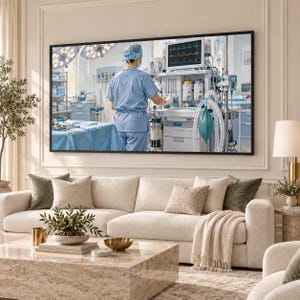 May include: A framed wall art print depicting a medical professional in blue scrubs standing in an operating room, adjusting a complex anesthesia machine with a monitor displaying vital signs and various medical equipment in the background.