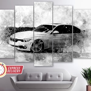 May include: A black and white multi-panel canvas print featuring a stylized illustration of a white car with smoke coming from the tires. The car is in motion and the background is a blurred, abstract design.