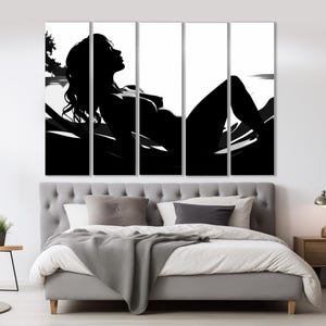 May include: A black and white abstract art print of a woman's silhouette lying down. The print is divided into three panels.