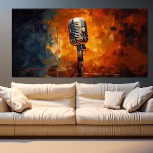 Abstract Microphone Painting Printed on Canvas, Music Wall Art, Vintage Microphone Painting, Stand-up Comedian Gift, Singer Gift,
