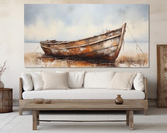 Puede incluir: Una pintura de un barco de madera desgastado en una playa de arena con un cielo nublado en el fondo.