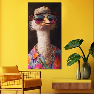 Ostrich in Sunglasses Canvas Print, Beach Vibes Wall Art, Abstract Ostrich Poster, Ostrich Painting, Funny Ostrich Print, Party Wall Decor
