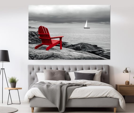 Red Chair On Black and White Ocean Landscape Canvas Print, Ocean Canvas Art, Abstract Black And White Photo, Ocean Poster, Abstract Wall Art