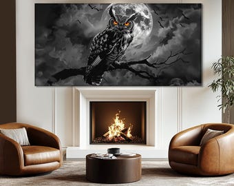 Owl at Night Canvas Print, Abstract Owl on the Tree under the Moon Poster, Owl Wall Art, Owl Painting,  Owl in Night Forest Canvas Print