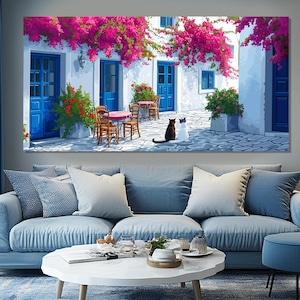 Cats Couple on Greek Island Street Canvas Print, Cats Wall Art, Greece Canvas Art, Greek Landscape , Greek Wall Decor, Romantic Wall Art