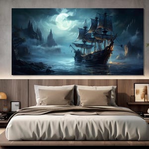 Cuadro de barco fantasma impreso en lienzo, impresión en lienzo de barco pirata, cuadro de velero vintage, arte mural de navegación, póster de barco fantasma