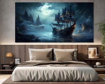 Spookschip schilderij gedrukt op canvas, piratenschip canvasafdruk, vintage zeilboot schilderij, zeilkunst aan de muur, spookschip poster