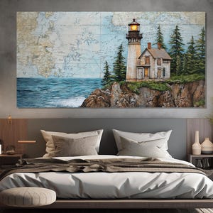 Impression sur toile Vieux phare sur fond de carte rétro, cadeau marin, art mural voile, art toile nautique, art mural toile phare