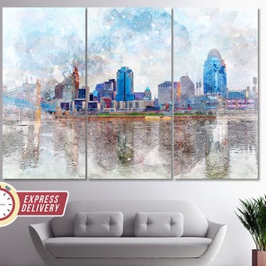 May include: A watercolor painting of the Cincinnati skyline with a bridge in the foreground. The painting is divided into three panels and features a blue sky with white clouds.