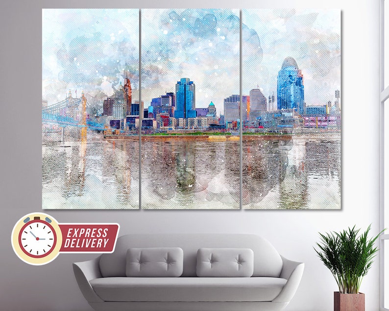 May include: A watercolor painting of the Cincinnati skyline with a bridge in the foreground. The painting is divided into three panels and features a blue sky with white clouds.