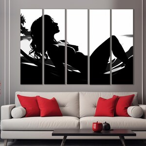 May include: Black and white abstract art print of a woman lying down. The print is divided into five panels.