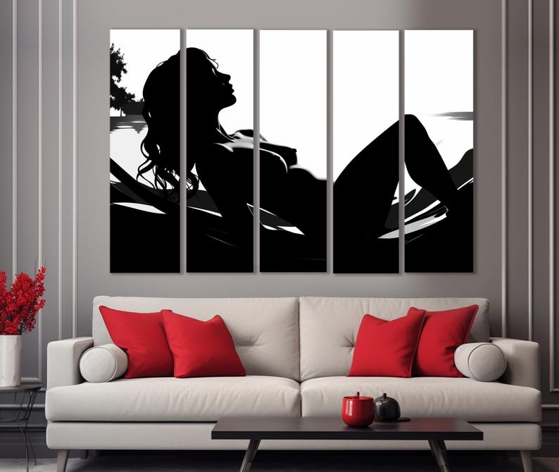 May include: Black and white abstract art print of a woman lying down. The print is divided into five panels.