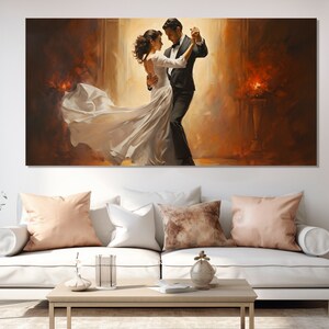May include: A painting of a couple dancing in a ballroom. The man is wearing a black tuxedo and the woman is wearing a white gown. The background is a warm brown color.