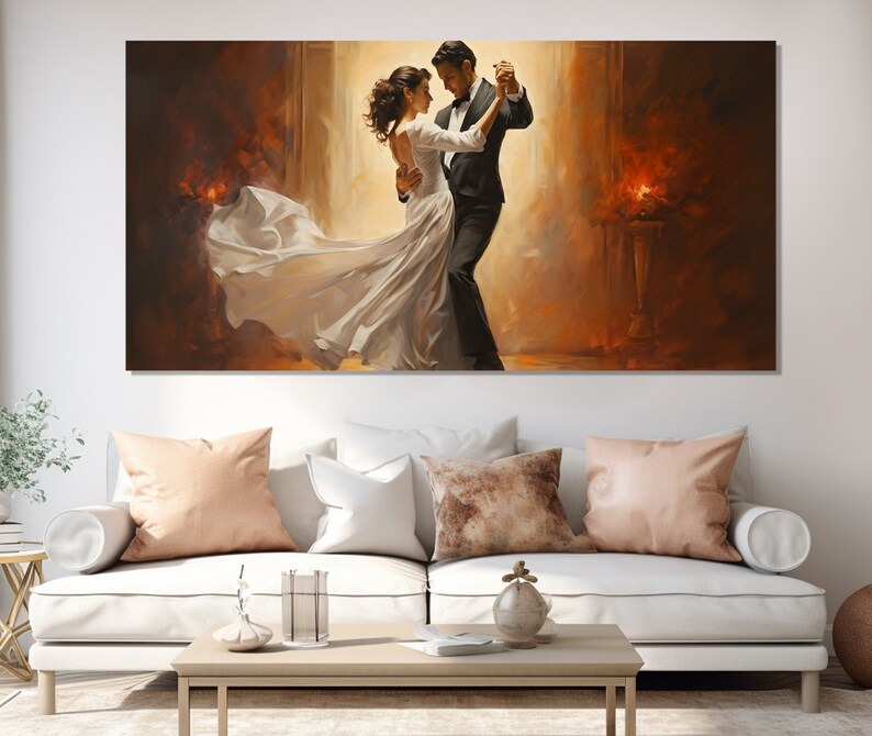 May include: A painting of a couple dancing in a ballroom. The man is wearing a black tuxedo and the woman is wearing a white gown. The background is a warm brown color.