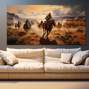 Impressão em tela de cowboys cavalgando no deserto, arte de parede do Velho Oeste, presente de cowboy, impressão em tela do Velho Oeste, pintura do Oeste, decoração de parede do Velho Oeste