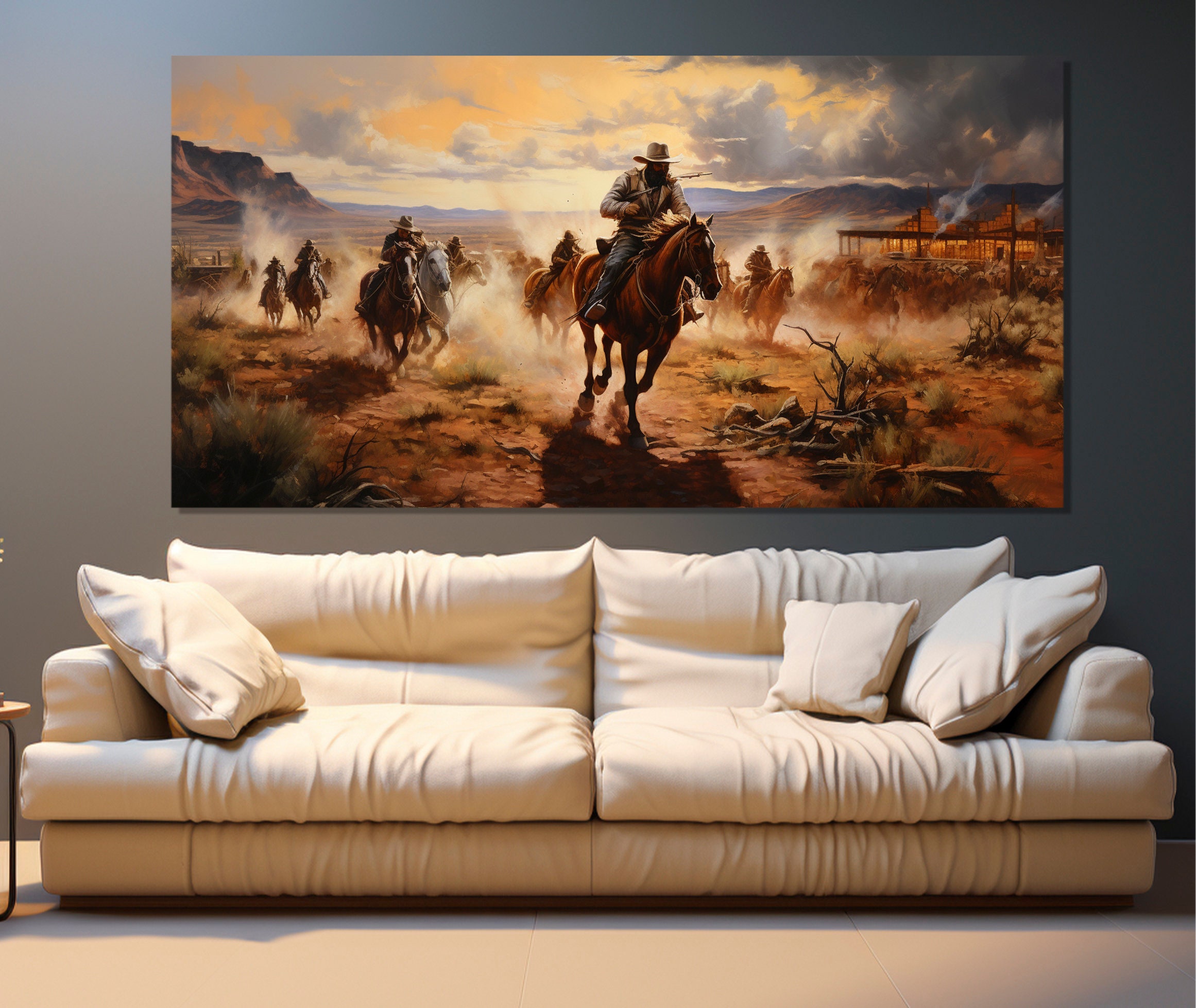 Cowboys Riding in Desert Canvas Print, Wild West Wall Art, Cowboy Gift, Wild West Canvas Print, West Painting, Wild West Wall Decor