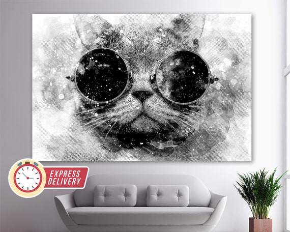 メガネをかけた猫の抽象キャンバスアート、抽象的な猫の絵画、猫の