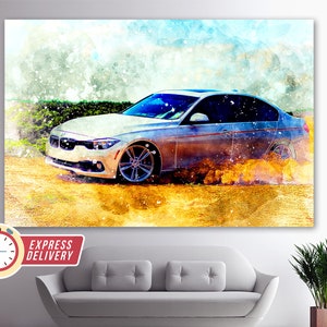 May include: A silver car driving on a dirt road with a watercolor effect. The car is kicking up dirt and dust as it drives. The background is a blue sky with white clouds.