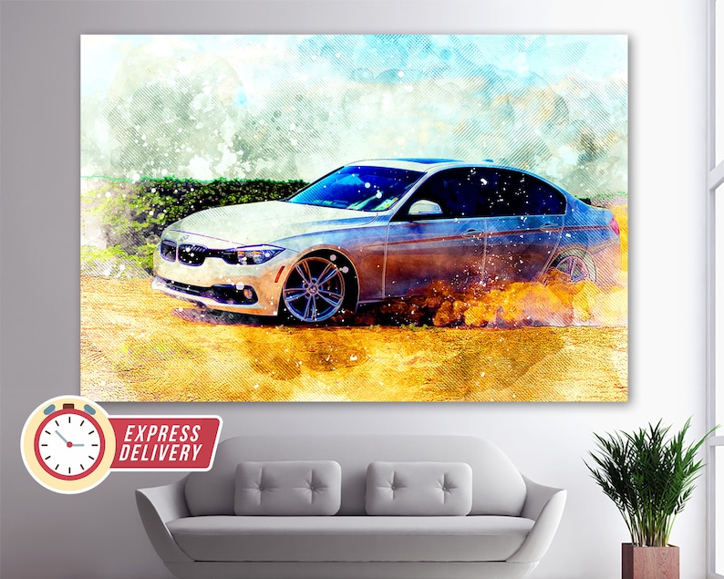 May include: A silver car driving on a dirt road with a watercolor effect. The car is kicking up dirt and dust as it drives. The background is a blue sky with white clouds.