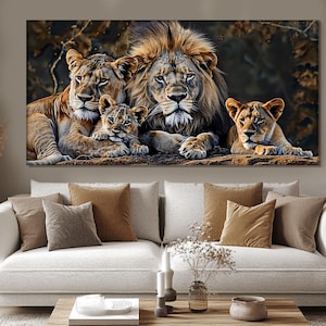 Cuadro romántico de familia de leones impreso en lienzo, león con leona y dos leones bebés, arte de pared de amor, decoración romántica para el hogar