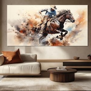 Arte mural de rodeo, cuadro de vaquero sobre caballo encabritado impreso en lienzo, arte mural del lejano oeste, regalo de vaquero, pintura de rodeo, póster de rodeo
