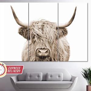 Sepia Highland Cow Canvas Print, Abstract Wall Art, Modern Minimalism, Fashion Gift, Cow Poster, Animals Wall Art, Scotland Cow Canvas Art image 1