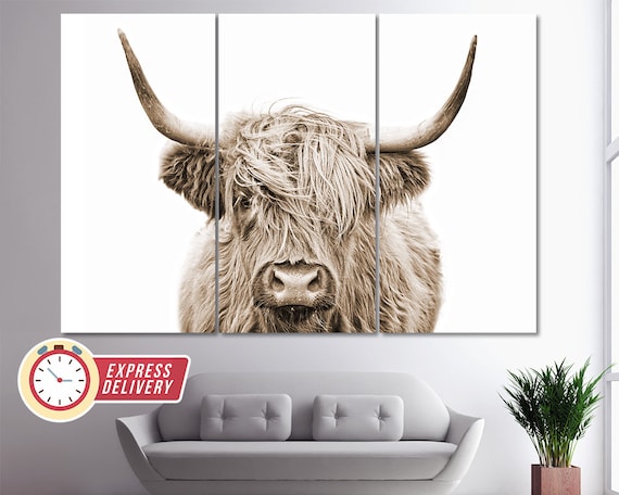 Sepia Highland Cow Canvas Print, Abstract Wall Art, Modern Minimalism, Fashion Gift, Cow Poster, Animals Wall Art, Scotland Cow Canvas Art