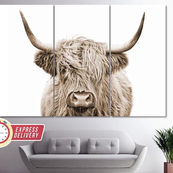 Sepia Highland Cow Canvas Print, Abstract Wall Art, Modern Minimalism, Fashion Gift, Cow Poster, Animals Wall Art, Scotland Cow Canvas Art