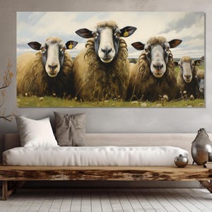 Cute Sheep Family Painting Printed on Canvas, Sheep in a Meadow Poster, Farmhouse Wall Art, Farm Wall Decor, Shepherd Gift, Farmer Gift