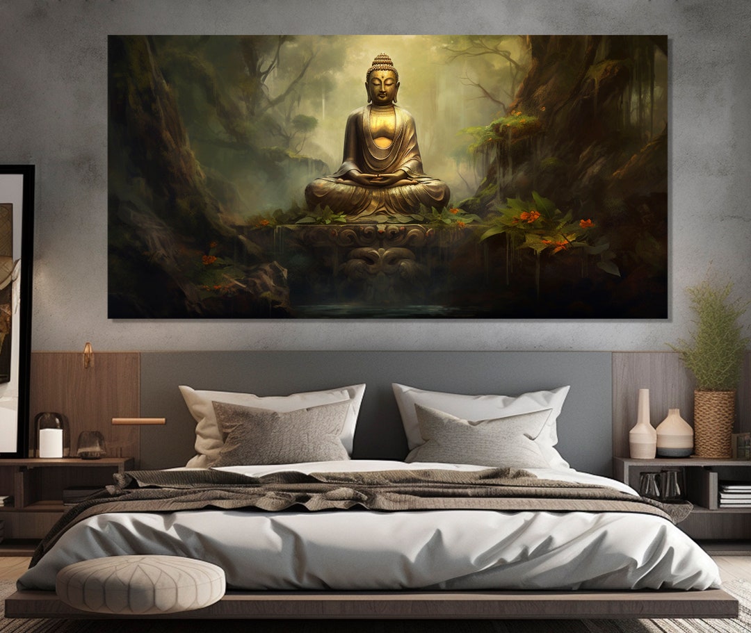 Buddha Statue in Mystical Garden Painting Printed on Canvas, Large ...