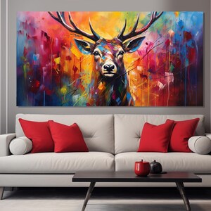 May include: A colourful abstract painting of a deer with large antlers. The background is a mix of vibrant colours, including blue, purple, yellow, and orange.