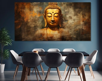 May include: A golden Buddha statue with a serene expression, depicted in a watercolor style against a brown and gray background.