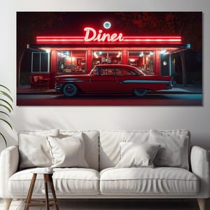 Classic American Diner with Retro Car Canvas Print, Vintage American Landscape, Retro Restaurant Wall Decor, Retro Diner Poster