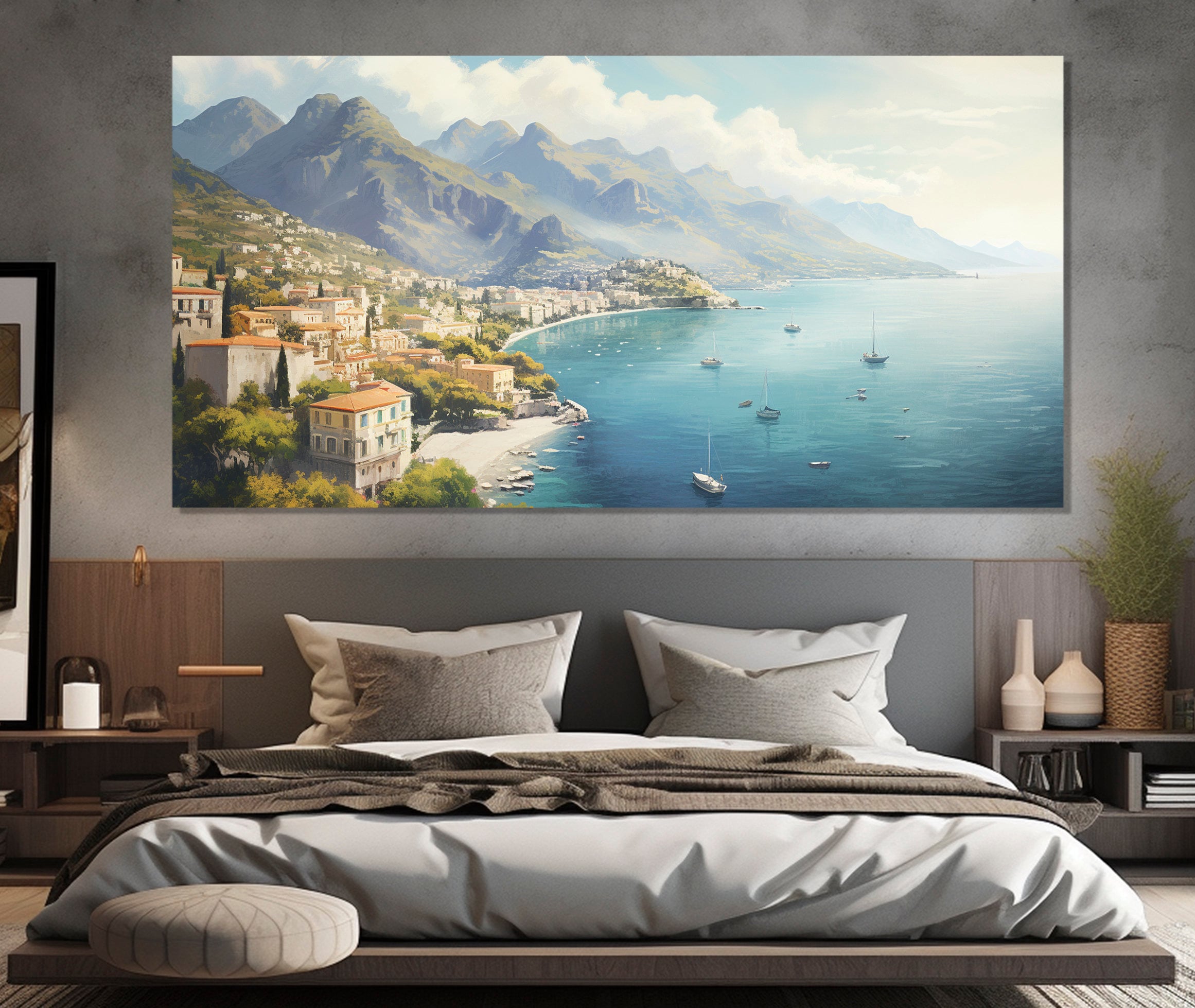 Amalfi Coast in Italy Canvas Print, Amalfi Coast Painting, Vintage Italy Wall Decor, Italian Coast Wall Art