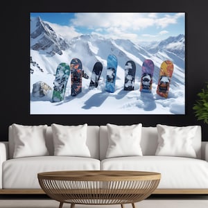 スノーボードのキャンバスプリント、スノーボードのウォールアート、スノーボードのポスター、スノーボーダーへのギフト、ウィンタースポーツのウォールアート、スキーリゾートのウォールアート